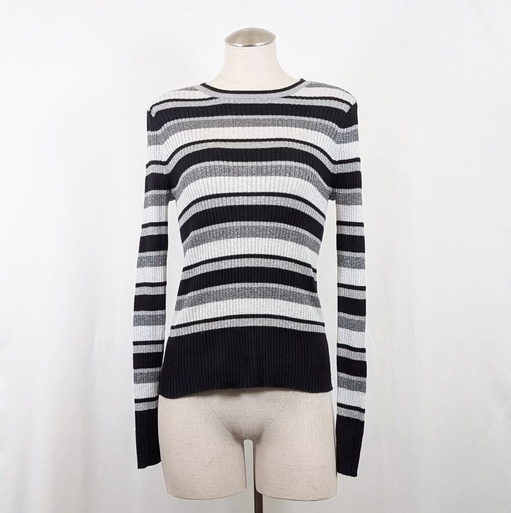Frame Sweater Silver Gray Black Multi Stripe Ribbed Knit Women's Size M